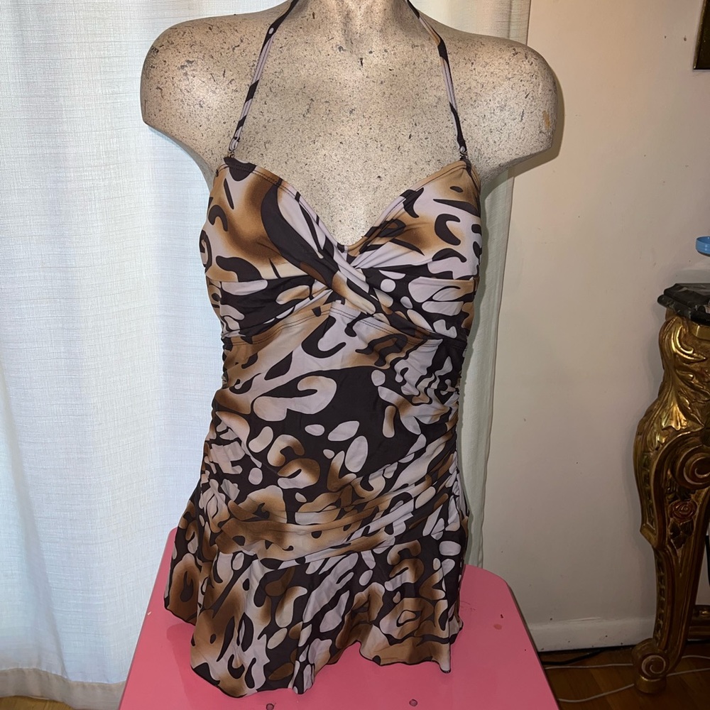 Shore shapes brown multi ruffle swim dress